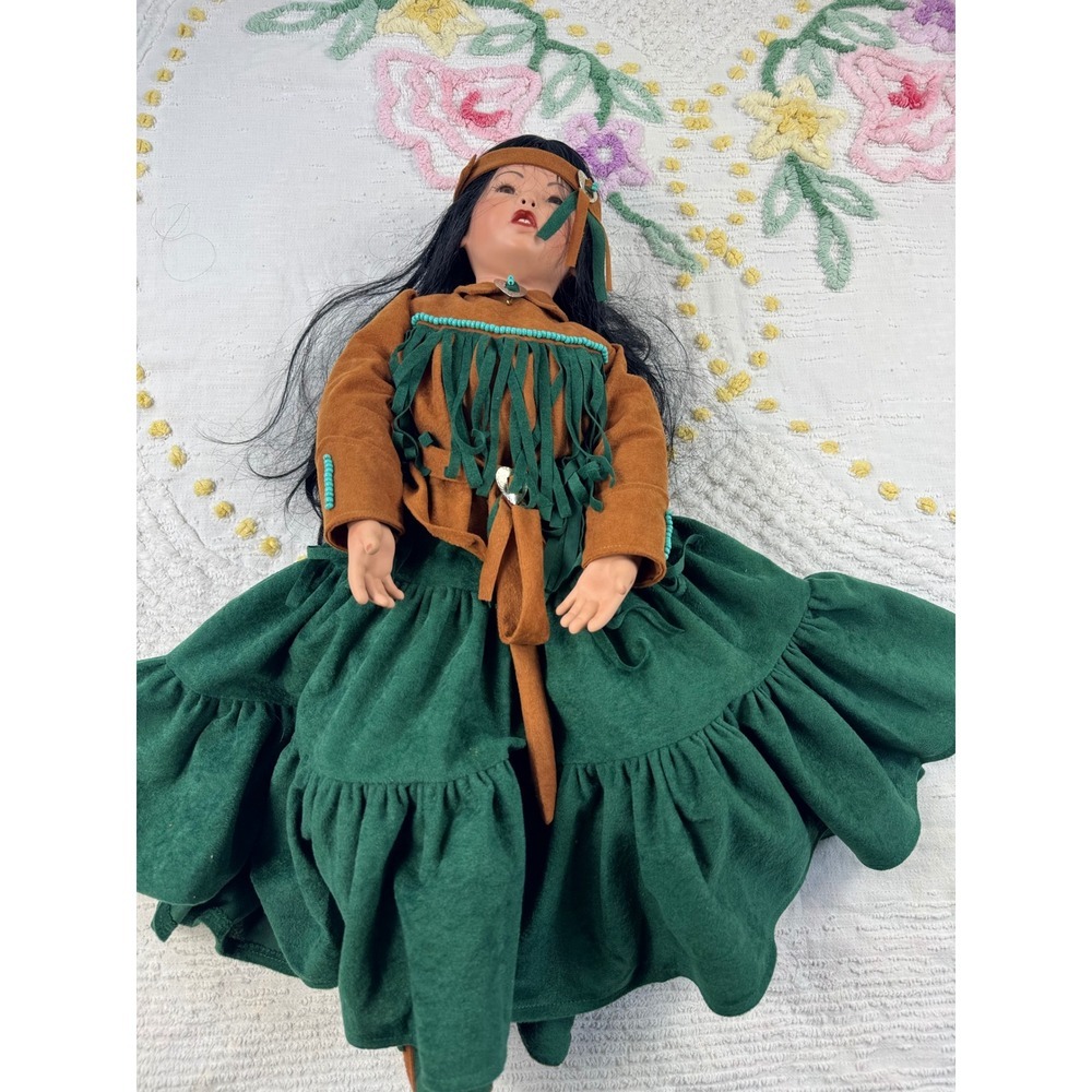 Native American Style Doll Collectible Porcelain Doll in Green Dress - Picture 4 of 9